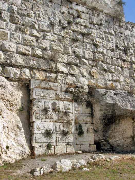 Section of the Ottoman wall around the Old City of Jerusalem where the earlier, lower layers of the Herodian and Hasmonean wall preceding it are clearly visible