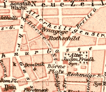 Frankfurt city map, 1893. The Judengasse was destroyed in 1887, leaving only the old synagogue and the Rothschild family home