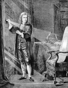 Newton uses a prism to diffract white light into its composite colors, demonstrating the properties of light. Wood engraving, 18th century