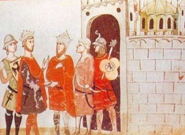 פרידריך השני והסולטאן המצרי אלמלך אלכאמל נפגשים ליד חומות ירושלים. איור לספר מהמאה ה-14