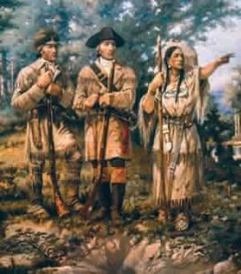 Lewis and Clark with Sacagawea, their Indian guide, at Three Forks, Montana – the beginning of the Missouri River. From a mural by Edgar Samuel Paxson in the lobby of the Montana House of Representatives