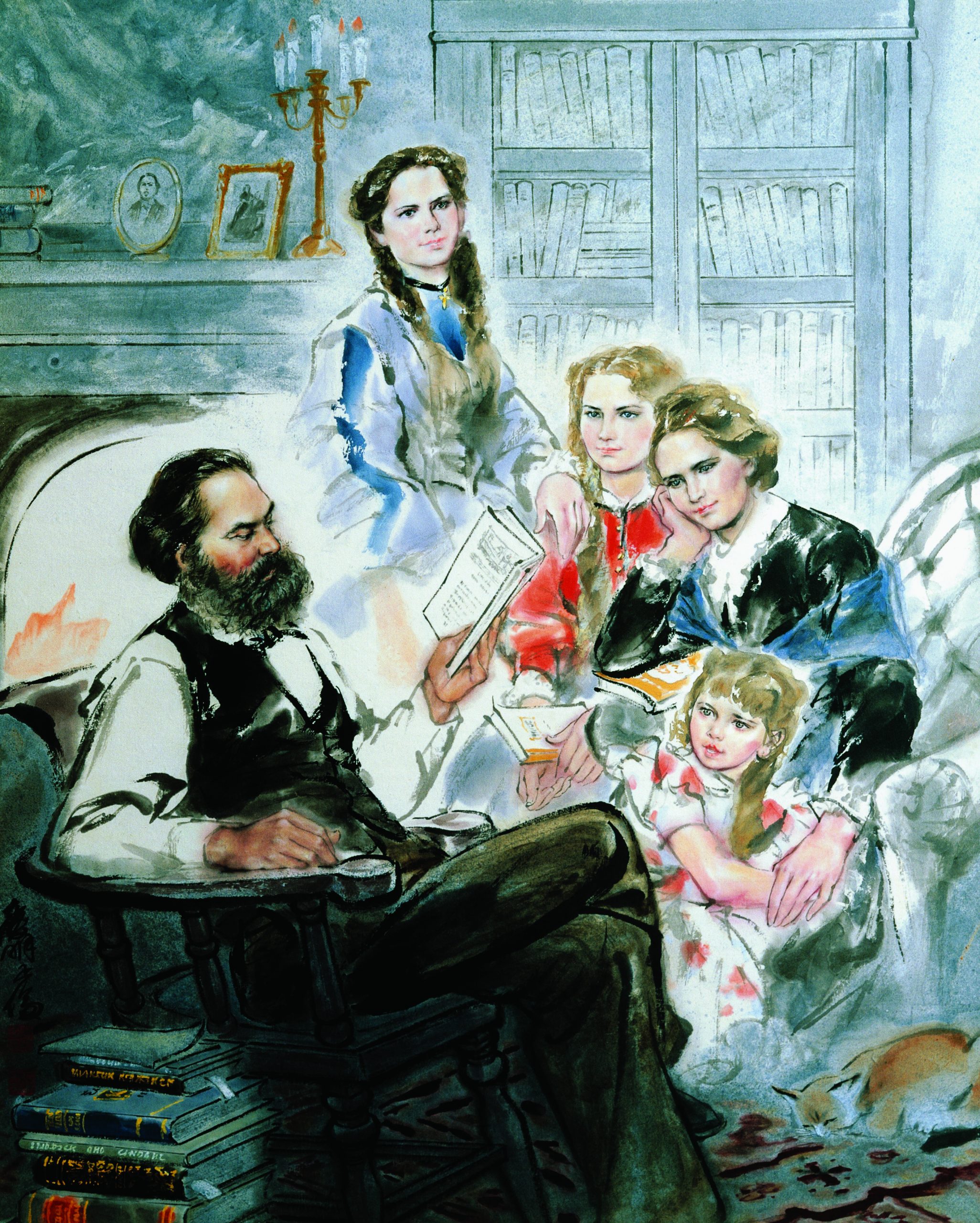 Water color of Karl Marx with his family by Ghan Zen, Ghetty Images