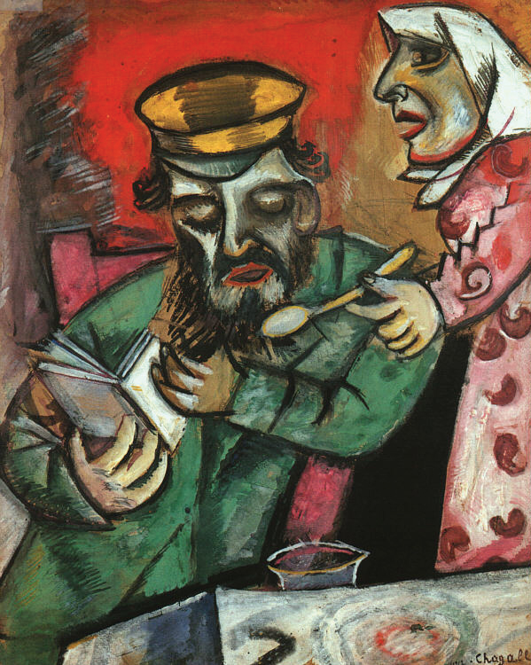 Chagall’s Hasidic roots are clearly visible in his paintings – especially those of the Jewish shtetl and his family. Gender stereotypes define this early depiction of his parents, in which his mother spoon-feeds his father, who is absorbed in a book