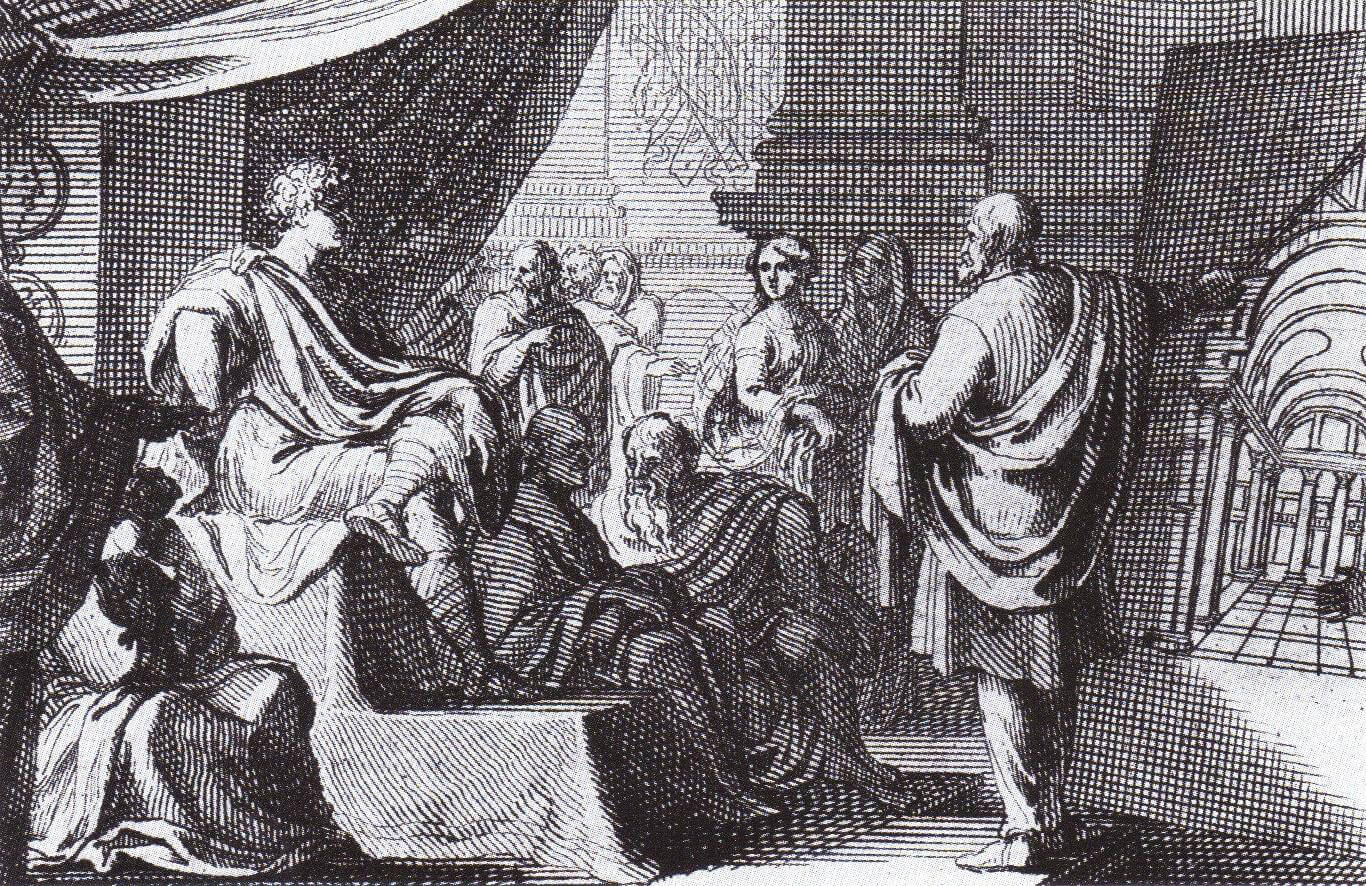 ויטרוביוס מציג את רעיונותיו על האדריכלות בפני אוגוסטוס. פרט מתוך תחריט של סבסטיאן לקלרק המופיע במהדורה שהוציא תומס גורדון סמית' לספרו של ויטרוביוס ב־1684