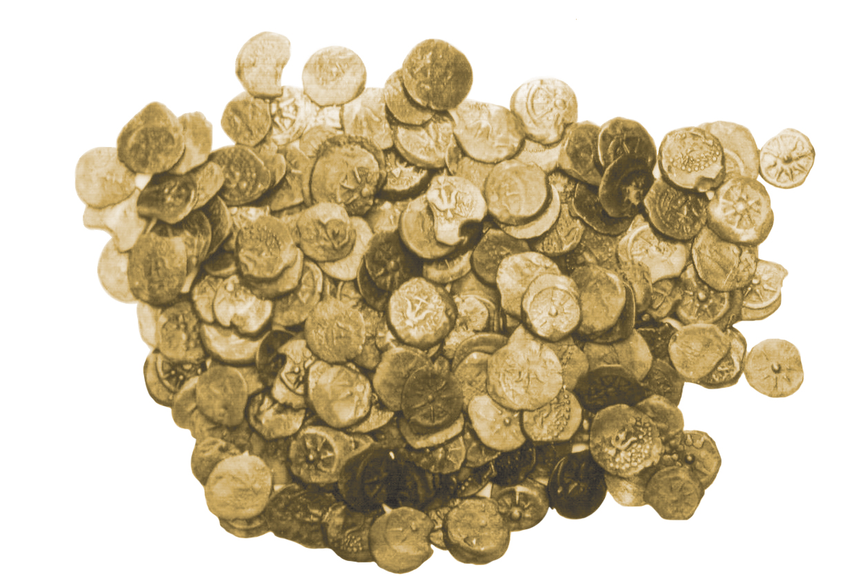 מטמון המטבעות שנמצא בחורבת מזין, דרומית לעינות צוקים צילום: זאב רדובן. באדיבות דונלד אריאל ופרופ' יזהר הירשפלד ז"ל