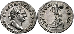 Silver coin minted in Judea in 79 ce, depicting the conquest of Judea by the Flavian emperors. Titus’ head appears on the obverse, with an armed Roman soldier standing over a captured Jew on the reverse