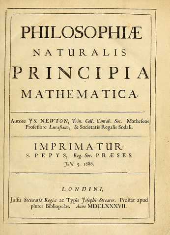 שער המהדורה הראשונה של החיבור 'העקרונות המתמטיים של פילוסופיית הטבע' מאת ניוטון
