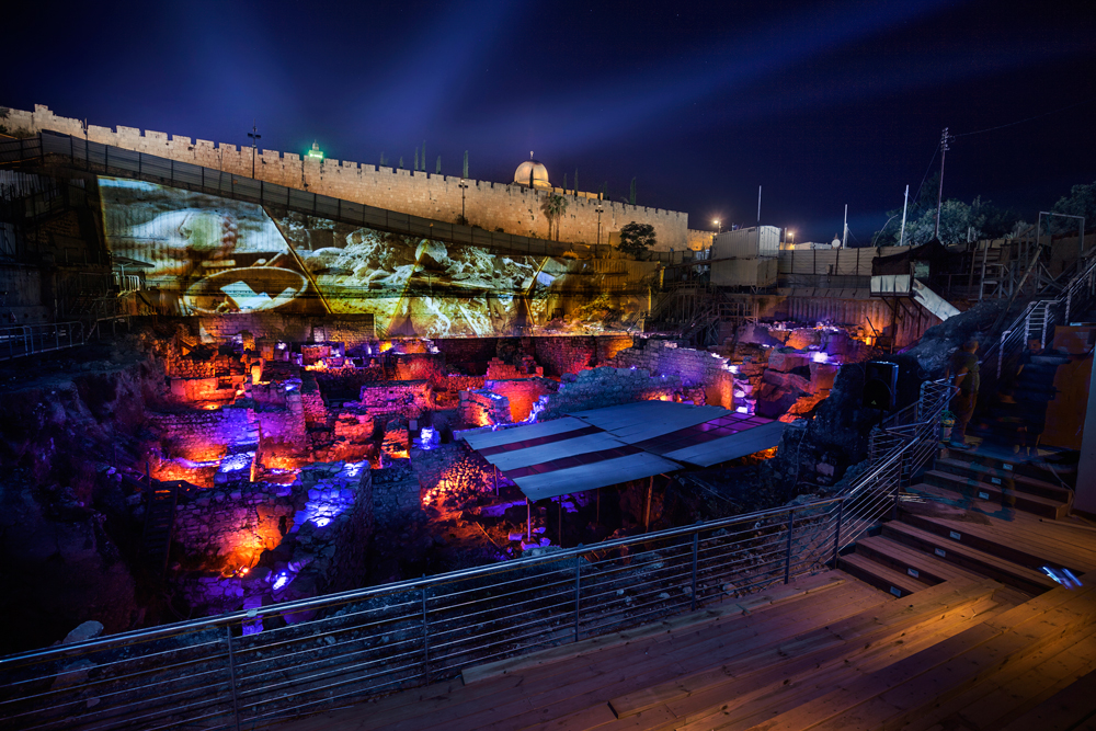The Givati parking lot excavation, lit up by the sound and light show