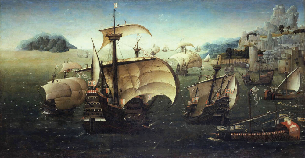 The Portuguese caravels and carracks were world-famous for their sailing capabilities, making 15th- and 16th-century Portugal a maritime power. Jews traveled the Atlantic aboard these vessels, seeking refuge on the shores of South America or off the African coast. Portuguese carracks off a rocky coast, by the circle of Joachim Patinir, circa 1540 