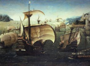 The Portuguese caravels and carracks were world-famous for their sailing capabilities, making 15th- and 16th-century Portugal a maritime power. Jews traveled the Atlantic aboard these vessels, seeking refuge on the shores of South America or off the African coast. Portuguese carracks off a rocky coast, by the circle of Joachim Patinir, circa 1540