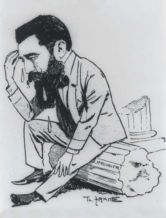 הרצל בוכה על חורבות ירושלים. קריקטורה מתוך שנתון אגודת העיתונאים של וינה, 1896