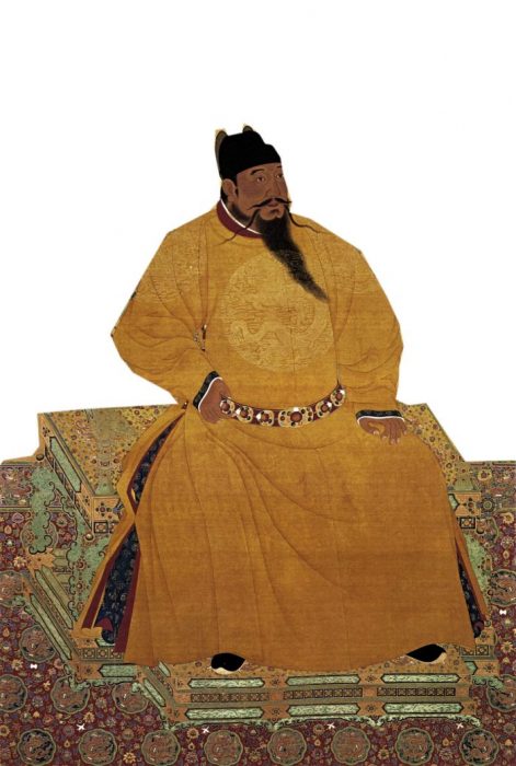 Emperor Chengzu of the Ming Dynasty, hanging scroll, ink and color on silk, 220 x 150 cm. Located at the National Palace Museum, Taibei. Chengzu is commonly called the Yongle Emperor