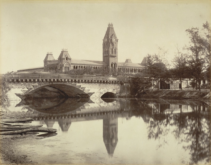 Photograph of the Central Railway Station at Madras (Chennai), Tamil Nadu, taken by Nicholas & Company in ca.1880