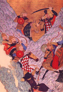 Mongol horsemen in battle , from History of the World by Rashid al-Din