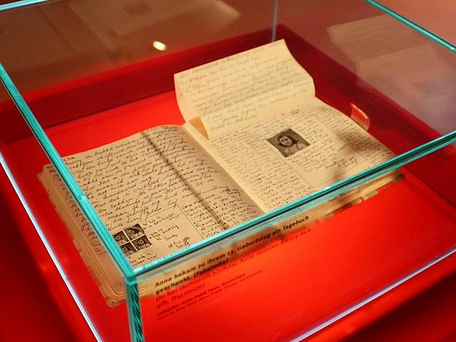 Anne Frank's Diary of a Young Girl on display in the Anne Frank Museum, Amsterdam