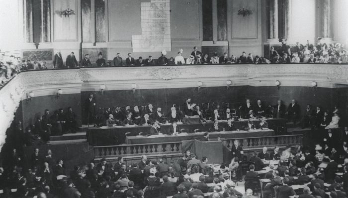 The image that became a Zionist symbol: Herzl speaking from the podium at the first Zionist Congress