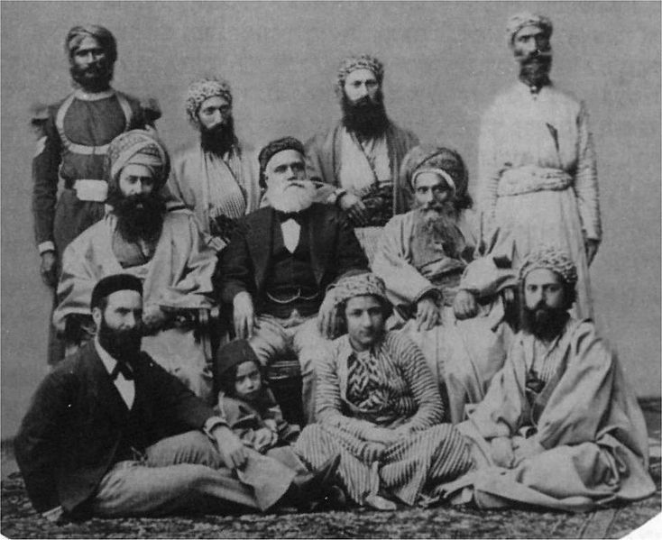 Rabbi Josef Hayyim, Ben Ish Hai (at far left in the middle row), with his family and leaders of the Iraqi community, 28 Av 5639, August 17 1879