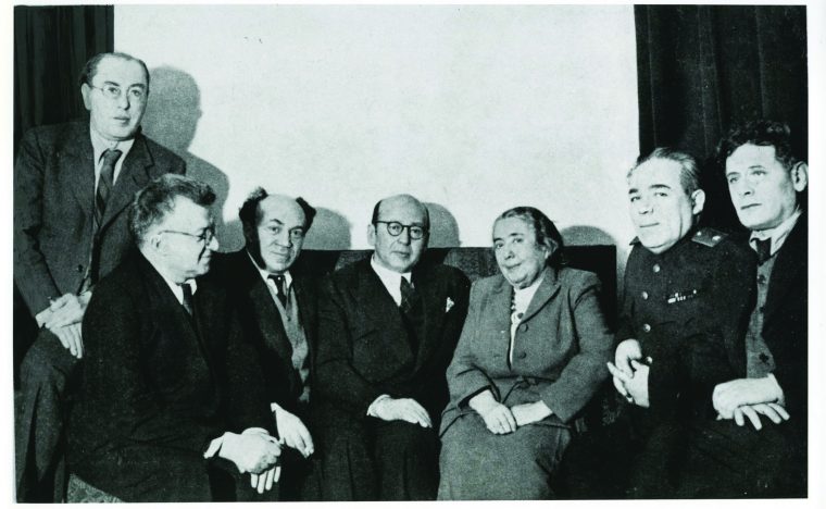 Members of the Jewish Anti-Fascist Committee. Seated, left to right: poet Itzik Feffer; Solomon Mikhoels; Ben-Zion Goldberg, a visiting journalist from the U.S. who was Sholem Aleichem’s son-in-law; biologist and physiologist Lina Stern; Aaron Katz; and Yiddish writer Peretz Markish