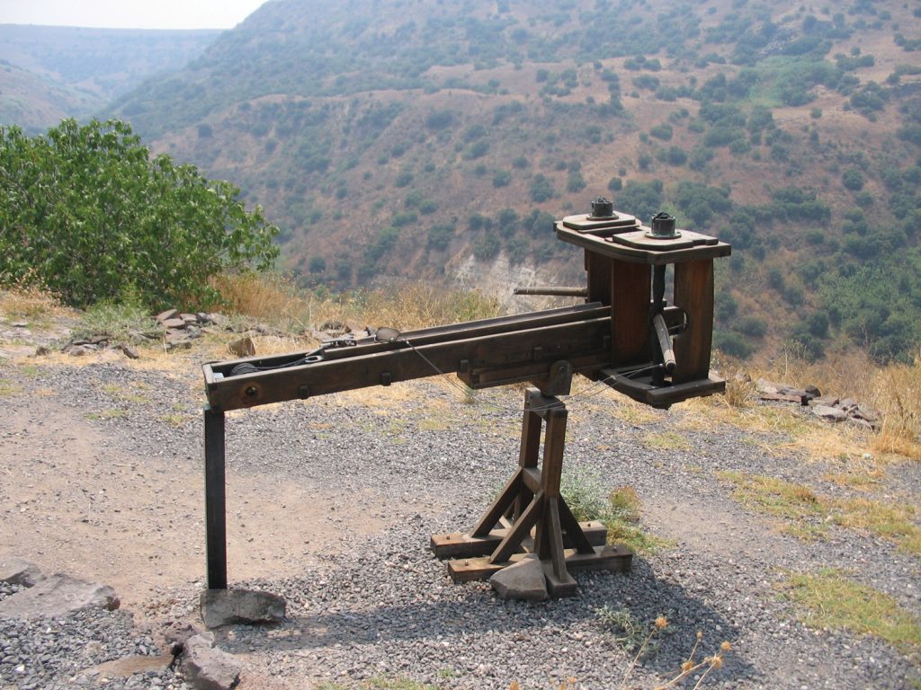 The Romans fought the rebels of Judea with the most sophisticated military technology available. Reconstruction of a ballista for firing iron bolts or stone shot, on display in Gamla National Park