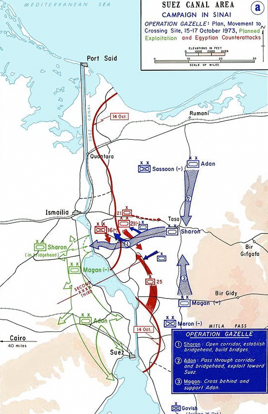 Image of Operation Gazelle (also known as Operation Abiray-Lev or Operation Stouthearted Men) during the Yom Kippur War. Modified to show only the Israeli plan for the operation.
