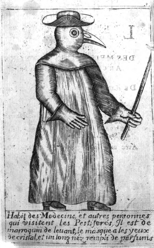 רופא המגפה. תחריט מספרו של ז'אן-ז'אק מאנייה על המגפה הבובונית. סביבות 1721