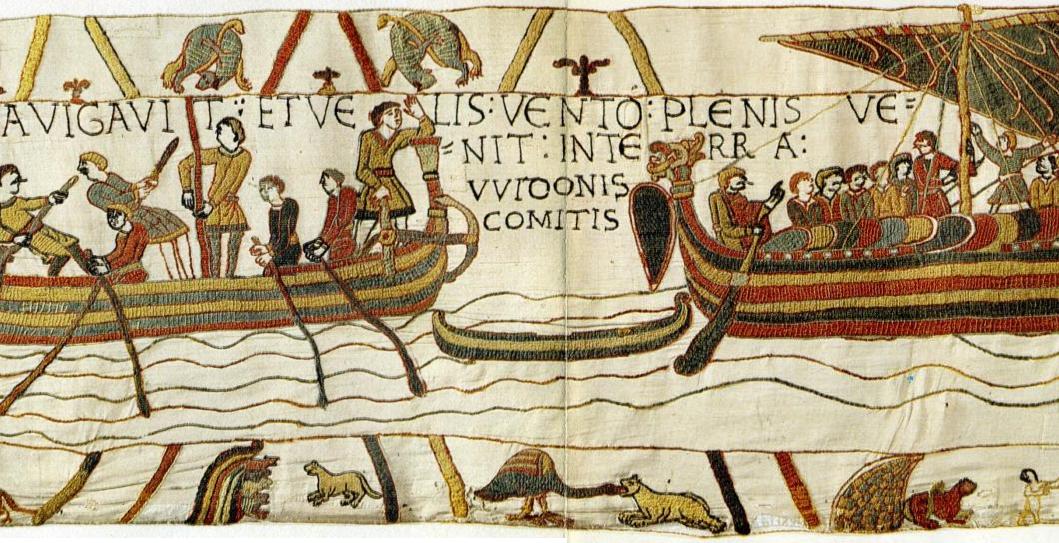 The conqueror's Normans approach the coast of England, detail from the Bayeux tapestry