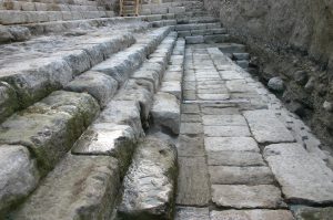 The steps leading from the Pool of Siloam to the Temple Mount. The steps were excavated by archaeologists Ronny Reich and Eli Shukron, who research the City of David.