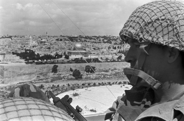 Motta Gur and brigade staff gazing at the Old City from the Mount of Olives