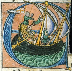 Dagobert, patriarch of Jerusalem, sailing for Apulia in a ship flying the Kingdom of Jerusalem’s flag, 13th century