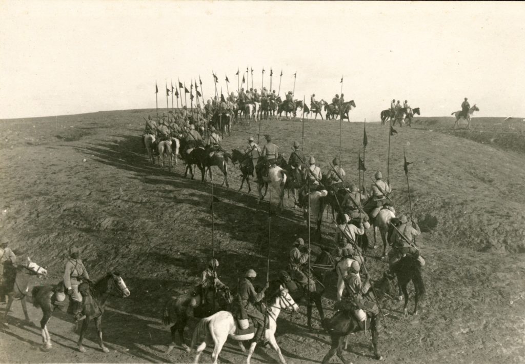 The battle for Palestine is a fine example of World War I’s mix of old and new, with cavalry units fighting alongside tanks. Top: a line of elite Ottoman lance corporals advances west of Beersheba. Inset: a British tank takes a hit in the second battle of Gaza