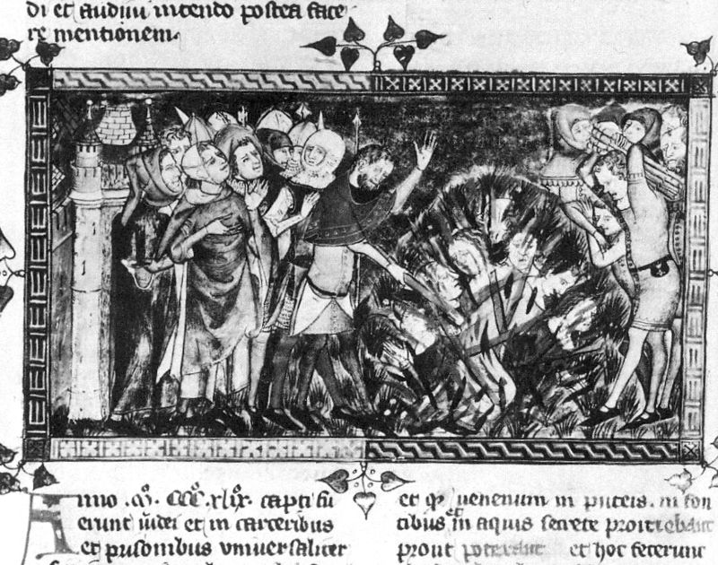 שריפת יהודים ב-1349. מתוך כתב יד מן הספריה הלאומית הבלגית, בריסל