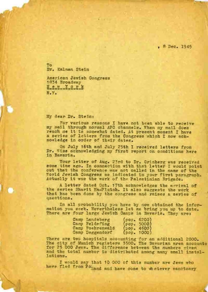 מכתב לקונגרס היהודי האמריקאי, 8 בדצמבר 1945