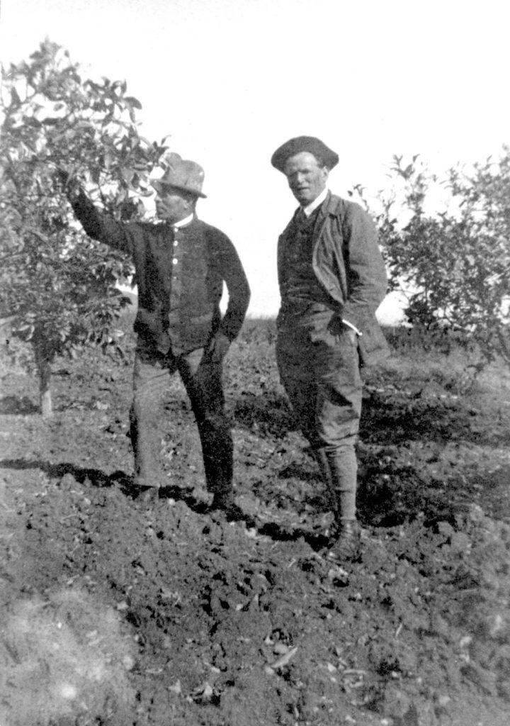 בזכות העניין המקצועי המשותף היה יוסף טריידל אחד מידידיו הבודדים של אהרנסון. יוסף טריידל (משמאל) והצייר יעקב נוסבאום במטע ההדרים של חוות טריידל, 1925