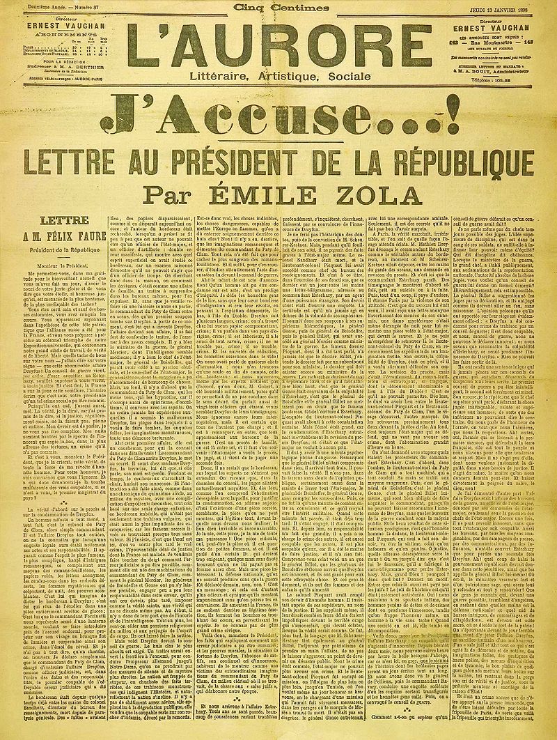 Emile Zola's letter on the front page of L'Aurore