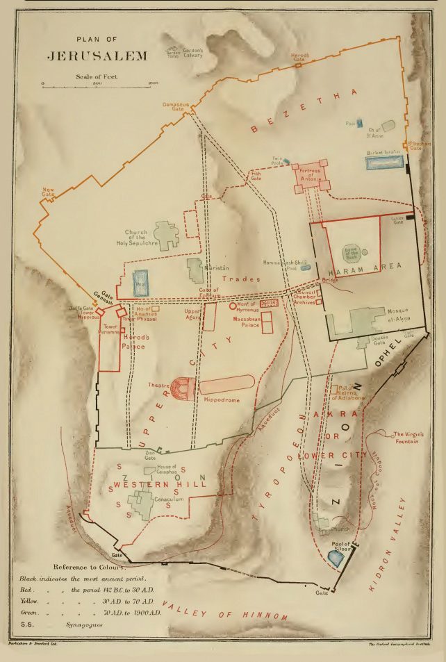 Color-coded map of Jerusalem’s development in various periods: ancient (black), Hasmonean and Herodian (red), Roman (yellow), and post-destruction (green). This map places the Akra in the Lower City, the City of David. From William Sanday and Paul Waterhouse, Sacred Sites of the Gospels (Oxford, 1903)