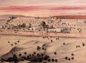 מבט מהר הזיתים על ירושלים והר הבית בשעת הזריחה. אליזבת אן פין