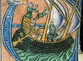 Dagobert, patriarch of Jerusalem, sailing for Apulia in a ship flying the Kingdom of Jerusalem’s flag, 13th century