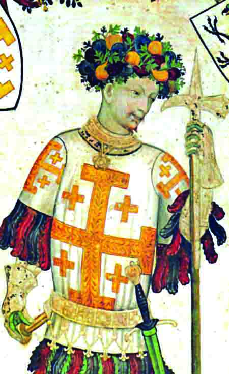 Though Godfrey of Bouillon declined the title “king of Jerusalem,” he is shown here wearing the emblem of the kingdom – St. George’s Cross. The garland of fruits on his head (perhaps a veiled reference to Jesus’ crown of thorns) signifies humility. Detail from a fresco by Giacomo Jaquerio in Manta Castle, in Saluzzo, Italy