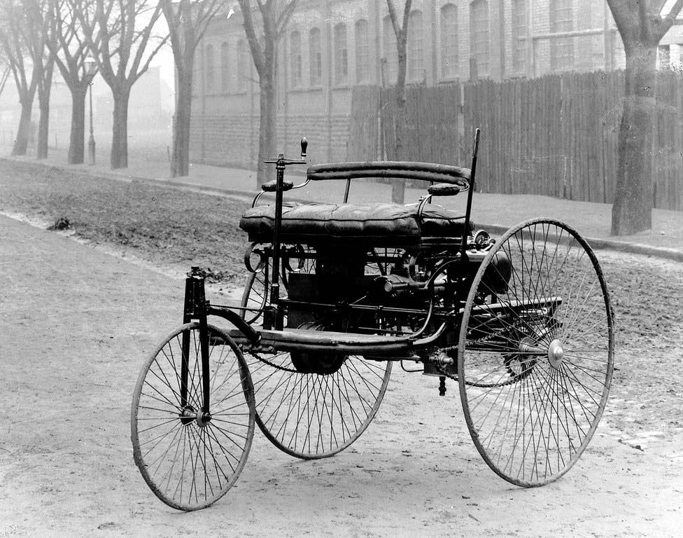 More of a tricycle than a car. The 1885 Benz automobile