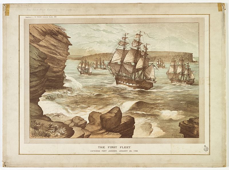 הספינות הראשונות נכנסות לנמל ג'קסון אחרי שעגנו במפרץ בוטני. ה26 בינואר 1788