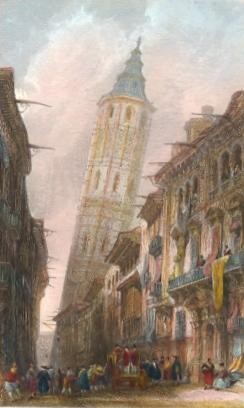 מגדל נטוי בעיר סרגוסה, ספרד, דוד רוברטס, צבעי מים, 1838