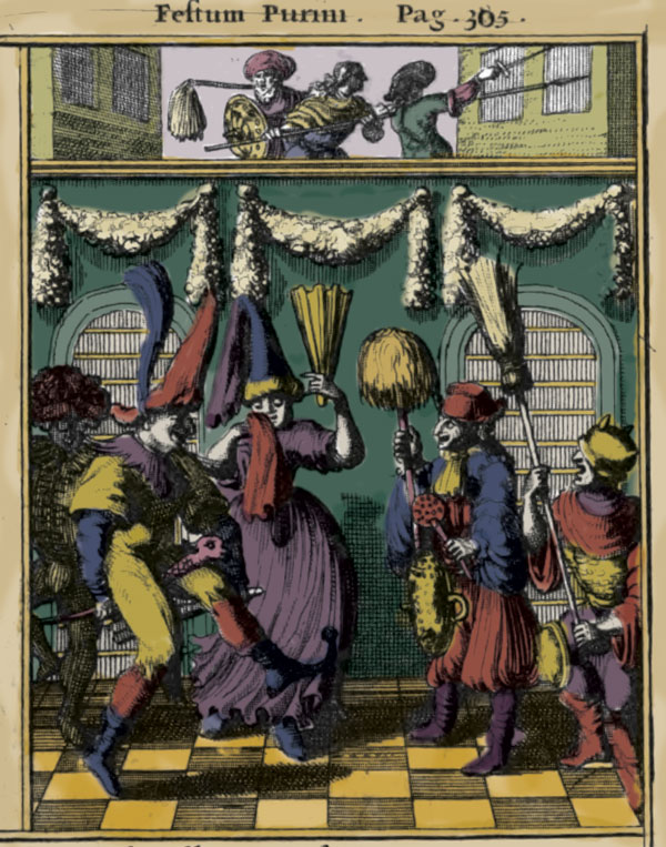 One of the earliest extant depictions of a Purim spiel: woodcut, Holland, 1657