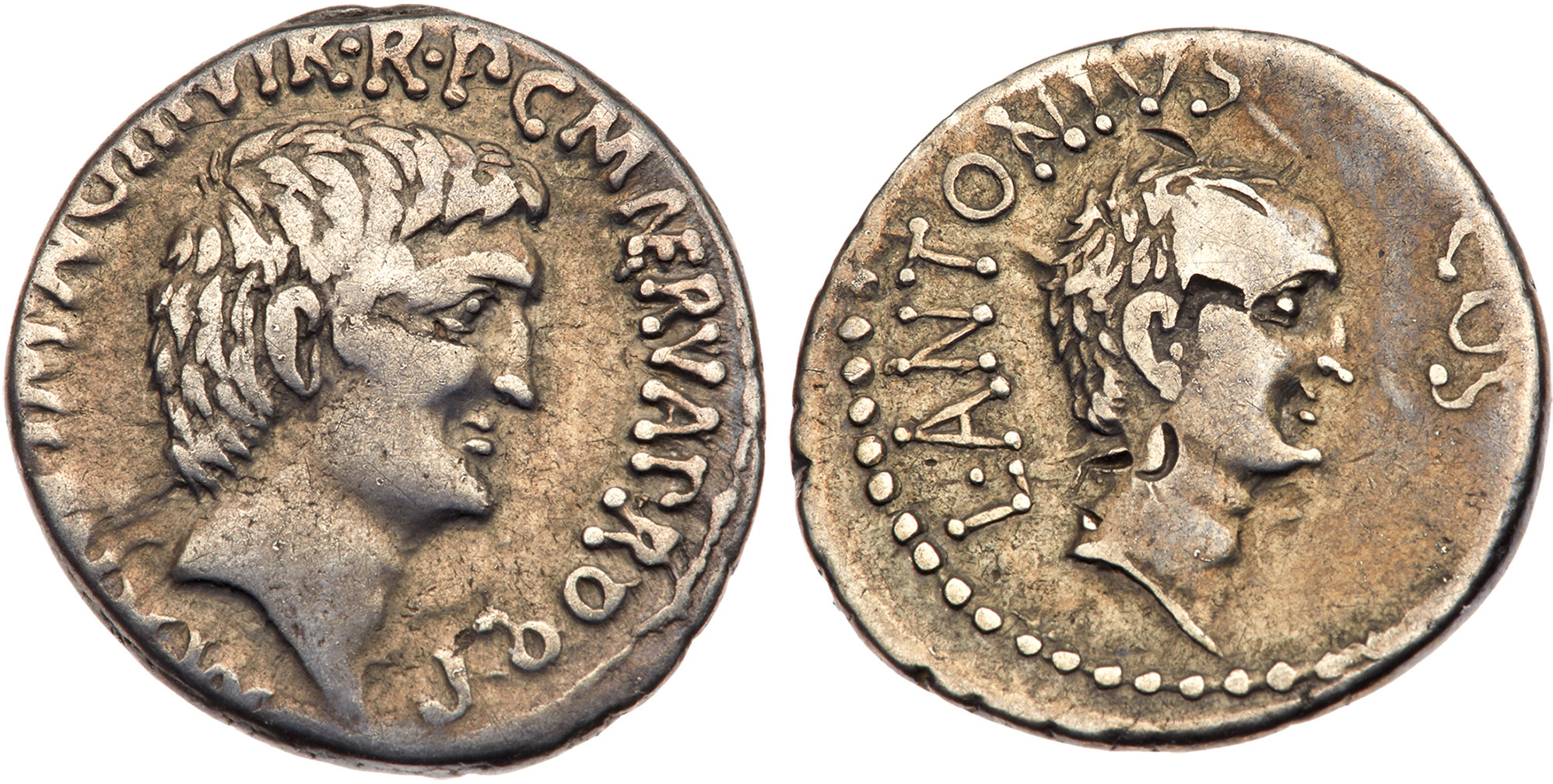 דינר כסף משנת 41 לפסה"נ, עליו מוטבעת דמותו של מרקוס אנטוניוס