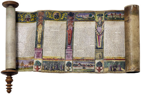 Illuminated text of a scroll of Esther. Ink on parchment, color print from copper engravings and carved wood, 17th century, Italy
