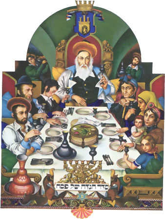 Many of the figures seated around the Seder table pictured in Szyk’s Haggada were portraits of real people at a Seder he attended in Poland not long before World War II, in the house of Rabbi Eliezer Gershon Friedenson