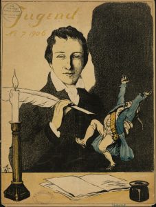 עט חד כתער. קריקטורה על היינה שפורסמה על שער ה'יוגנד', כתב עת לספרות ואמנות שיצא במינכן. אדולף מינצר, 1906