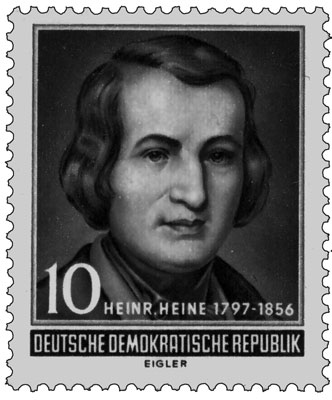 As a literary and cultural icon, Heine has been celebrated in numerous German stamps. Commemorating the centenary of his death in 1956 and, above, honoring the 175th anniversary of his birth, 1972