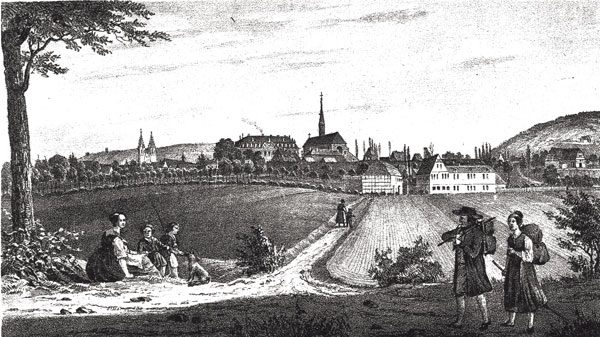 The spa town of Heiligenstadt, where Heine was baptized. Etching by Carl Duval, circa 1840