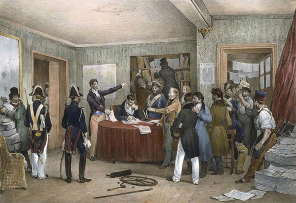 Seizure of the printing press at the French daily Le National after journalists gathered there to protest censorship during the July Revolution of 1830. The revolution swung the country toward liberalism, prompting Heine to leave Germany for Paris. Painting by Victor Adam, 1830