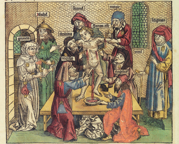 Illustration of the Trento blood libel from the Nuremberg Chronicle, printed in 1493